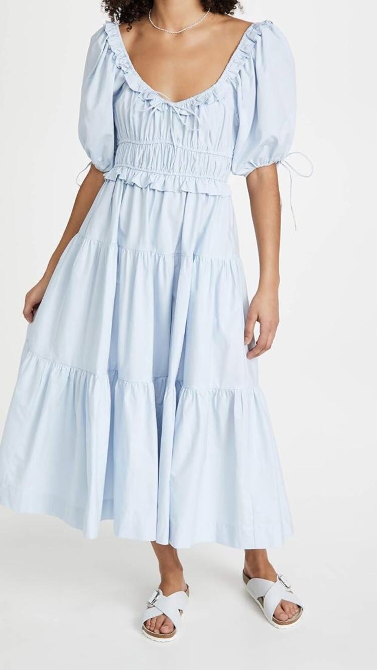 En Saison Poplin Tiered Midi Dress Light Blue Medium M